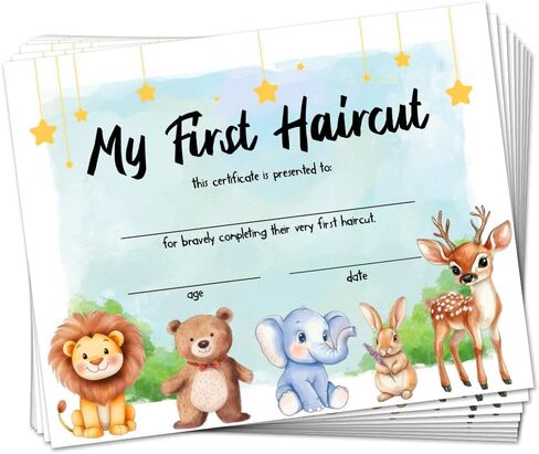 30 My First Haircut Certificates Award Paper for Baby, 9.8" x 7.8" Blank Haircut Keepsake Certificates Milestone Marker with Cute Animal Lion Giraffe Rabbit Deer for Hair Salon Barbershop in Kuwait