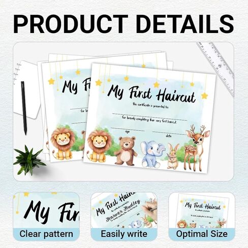 30 My First Haircut Certificates Award Paper for Baby, 9.8" x 7.8" Blank Haircut Keepsake Certificates Milestone Marker with Cute Animal Lion Giraffe Rabbit Deer for Hair Salon Barbershop in Kuwait