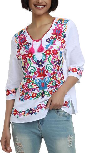 YZXDORWJ Women's Summer Embroidered Mexican Shirts Short Sleeve Casual Tops Blouse in Saudi Arabia