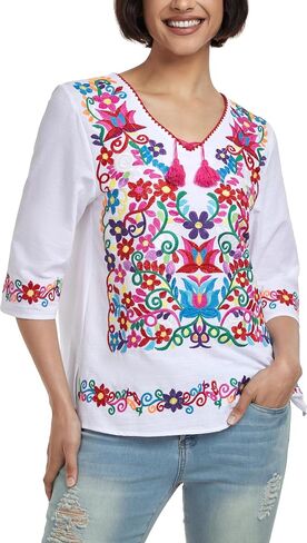 YZXDORWJ Women's Summer Embroidered Mexican Shirts Short Sleeve Casual Tops Blouse in Saudi Arabia