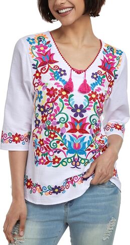 YZXDORWJ Women's Summer Embroidered Mexican Shirts Short Sleeve Casual Tops Blouse in Saudi Arabia