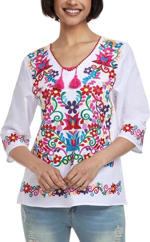 YZXDORWJ Women's Summer Embroidered Mexican Shirts Short Sleeve Casual Tops Blouse in Saudi Arabia