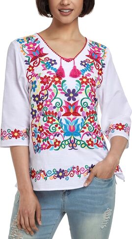 YZXDORWJ Women's Summer Embroidered Mexican Shirts Short Sleeve Casual Tops Blouse in Saudi Arabia
