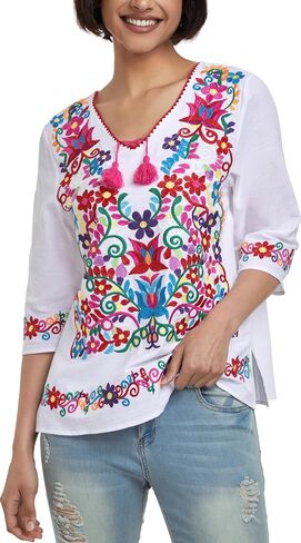 YZXDORWJ Women's Summer Embroidered Mexican Shirts Short Sleeve Casual Tops Blouse in Saudi Arabia