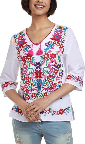 YZXDORWJ Women's Summer Embroidered Mexican Shirts Short Sleeve Casual Tops Blouse in Saudi Arabia