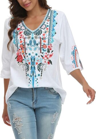 YZXDORWJ Women's Summer Embroidered Mexican Shirts Short Sleeve Casual Tops Blouse in Saudi Arabia