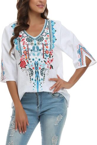YZXDORWJ Women's Summer Embroidered Mexican Shirts Short Sleeve Casual Tops Blouse in Saudi Arabia