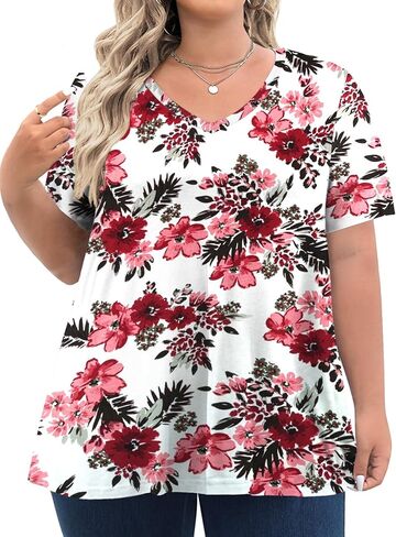 Tisede Womens Plus Size Tops Short Sleeve Tunic Turts v Neck Summer Floral Fit Fit Blouse XL-5X in Kuwait