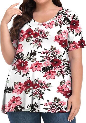 Tisede Womens Plus Size Tops Short Sleeve Tunic Turts v Neck Summer Floral Fit Fit Blouse XL-5X in Kuwait