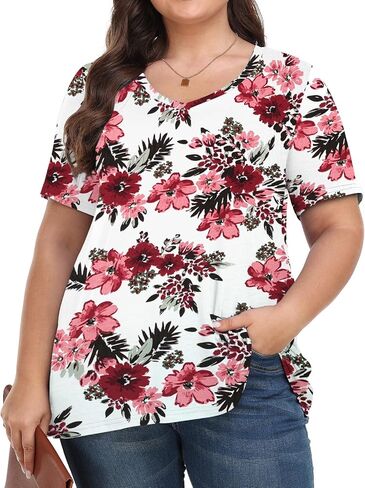 Tisede Womens Plus Size Tops Short Sleeve Tunic Turts v Neck Summer Floral Fit Fit Blouse XL-5X in Kuwait