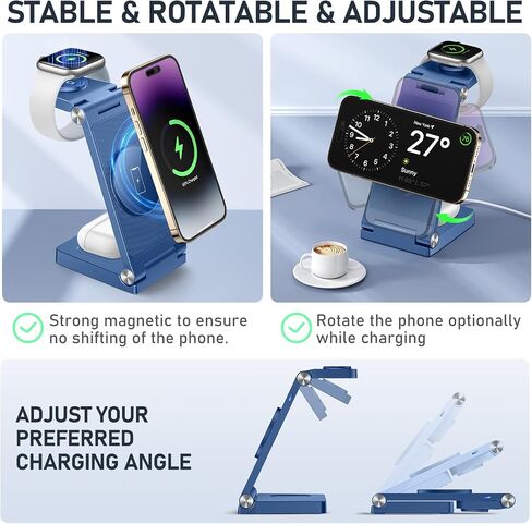Magnetic Wireless Charger Stand, 3 in 1 Foldable Wireless Charging Station, Travel Charger for Multiple Devices for iPhone 16 15 14 13 12 Series, Apple Watch Ultra/9/8/7/6/5/4/3/2, AirPods in Saudi Arabia