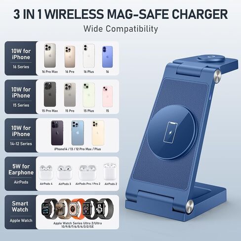 Magnetic Wireless Charger Stand, 3 in 1 Foldable Wireless Charging Station, Travel Charger for Multiple Devices for iPhone 16 15 14 13 12 Series, Apple Watch Ultra/9/8/7/6/5/4/3/2, AirPods in Saudi Arabia