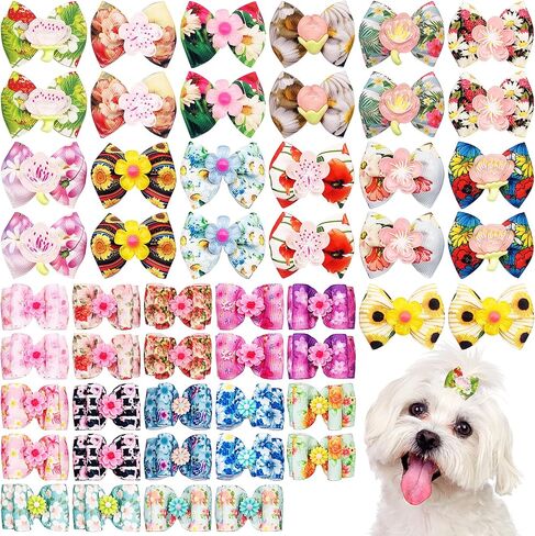 50pcs/25pairs أقواس شعر الكلب مع نمط الأزهار النابض من الفتيات للبنات Cat Rabbit Poodle Poodle Top Knot Hair Lawast in Kuwait