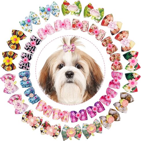 50pcs/25pairs أقواس شعر الكلب مع نمط الأزهار النابض من الفتيات للبنات Cat Rabbit Poodle Poodle Top Knot Hair Lawast in Kuwait