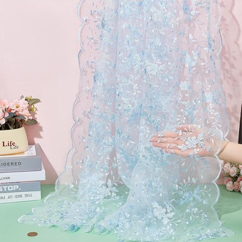 NBEADS 2 Yards Embroidered Flower Fabric, 51inch Polyester Mesh Embroidered Lace Trim Embroidery Tulle Fabric Garment Accessories for Dress Table DIY Crafts Curtain Home Vintage Decor, Light Blue in Saudi Arabia