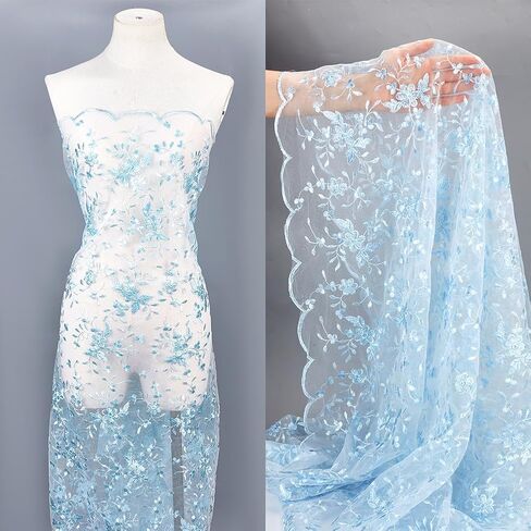 NBEADS 2 Yards Embroidered Flower Fabric, 51inch Polyester Mesh Embroidered Lace Trim Embroidery Tulle Fabric Garment Accessories for Dress Table DIY Crafts Curtain Home Vintage Decor, Light Blue in Saudi Arabia