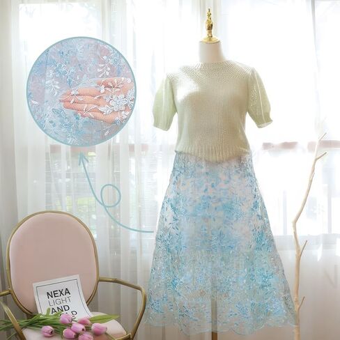 NBEADS 2 Yards Embroidered Flower Fabric, 51inch Polyester Mesh Embroidered Lace Trim Embroidery Tulle Fabric Garment Accessories for Dress Table DIY Crafts Curtain Home Vintage Decor, Light Blue in Saudi Arabia