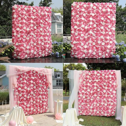 COKAOBE White Flower Wall Backdrop, 24PCS 3D Silk Rose Floral Wall, 15 x 15 Inch Artificial Flower Panels for Wedding, Party, Bridal Shower, Baby Shower, Home and Photo Backdrop Decoration in Saudi Arabia