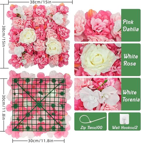 COKAOBE White Flower Wall Backdrop, 24PCS 3D Silk Rose Floral Wall, 15 x 15 Inch Artificial Flower Panels for Wedding, Party, Bridal Shower, Baby Shower, Home and Photo Backdrop Decoration in Saudi Arabia