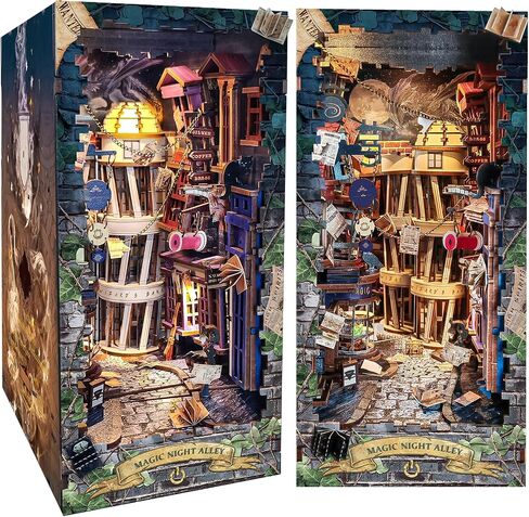 Spilay DIY Book Nook Kit,DIY Dollhouse Booknook Bookshelf Insert Decor Alley,Bookends Model Build kit,Handmade Crafts Gifts for Birthday Christmas (Magical Night Alley with LED lights, English manual) in Saudi Arabia