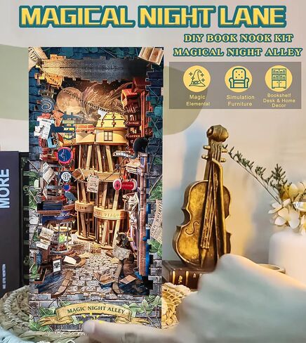 Spilay DIY Book Nook Kit,DIY Dollhouse Booknook Bookshelf Insert Decor Alley,Bookends Model Build kit,Handmade Crafts Gifts for Birthday Christmas (Magical Night Alley with LED lights, English manual) in Saudi Arabia