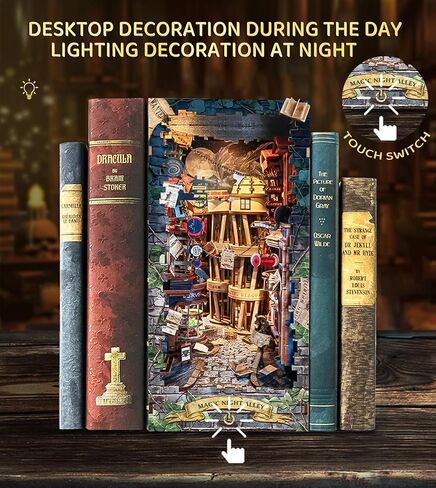 Spilay DIY Book Nook Kit,DIY Dollhouse Booknook Bookshelf Insert Decor Alley,Bookends Model Build kit,Handmade Crafts Gifts for Birthday Christmas (Magical Night Alley with LED lights, English manual) in Saudi Arabia