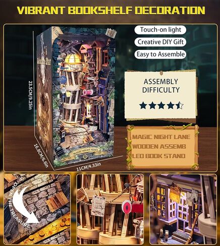 Spilay DIY Book Nook Kit,DIY Dollhouse Booknook Bookshelf Insert Decor Alley,Bookends Model Build kit,Handmade Crafts Gifts for Birthday Christmas (Magical Night Alley with LED lights, English manual) in Saudi Arabia