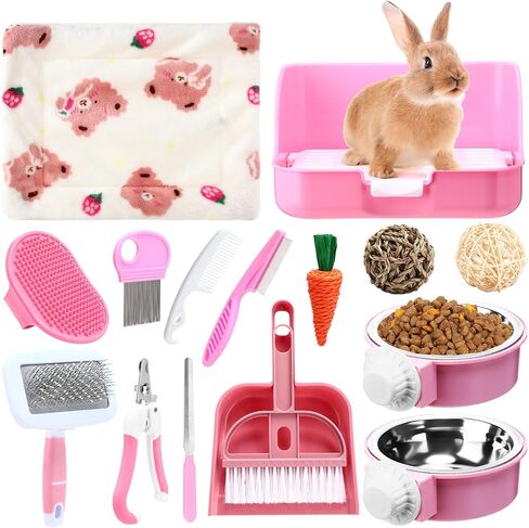 15 Pcs Rabbit Starter Kit Small Litter Box Animal Grooming Kit Bunny Toys Bowl Blankets with Cleaning Set for Guinea Pig Rabbit Accessories(Pink) in Saudi Arabia