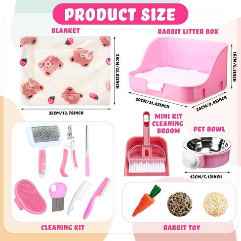 15 Pcs Rabbit Starter Kit Small Litter Box Animal Grooming Kit Bunny Toys Bowl Blankets with Cleaning Set for Guinea Pig Rabbit Accessories(Pink) in Saudi Arabia