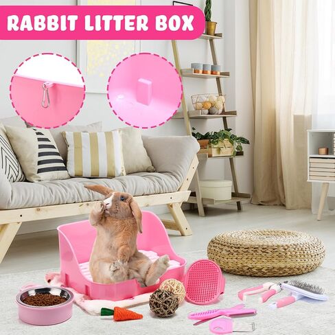 15 Pcs Rabbit Starter Kit Small Litter Box Animal Grooming Kit Bunny Toys Bowl Blankets with Cleaning Set for Guinea Pig Rabbit Accessories(Pink) in Saudi Arabia