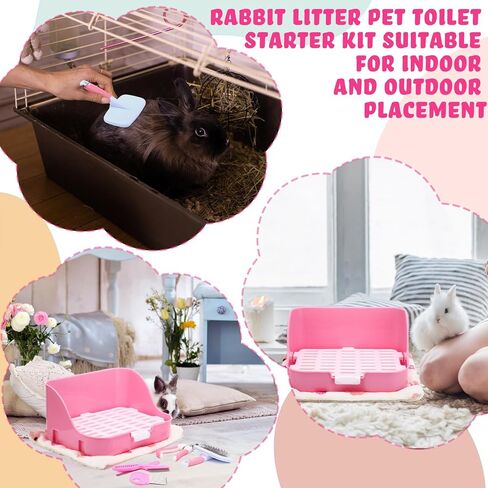 15 Pcs Rabbit Starter Kit Small Litter Box Animal Grooming Kit Bunny Toys Bowl Blankets with Cleaning Set for Guinea Pig Rabbit Accessories(Pink) in Saudi Arabia