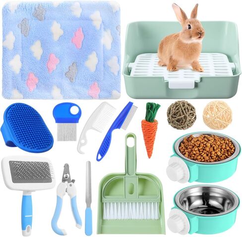15 Pcs Rabbit Starter Kit Small Litter Box Animal Grooming Kit Bunny Toys Bowl Blankets with Cleaning Set for Guinea Pig Rabbit Accessories(Pink) in Saudi Arabia