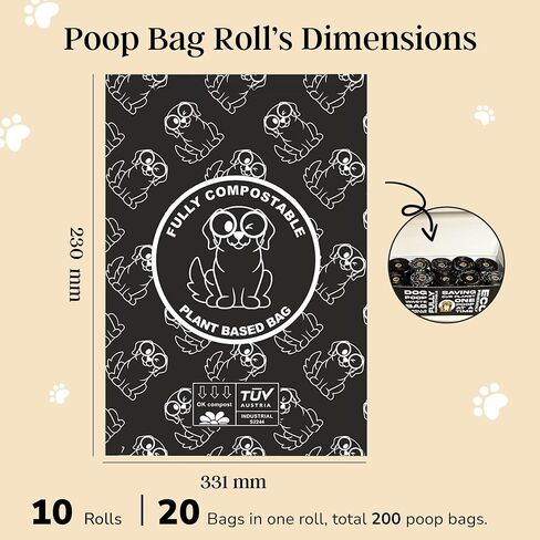 Dog Poop Bags Rolls - 100% Leak Proof Dog Poop Bags, Fully Compostable Waste Bag, Refill Rolls for Dogs & Pets Waste, Unscented - 200 Count in Saudi Arabia