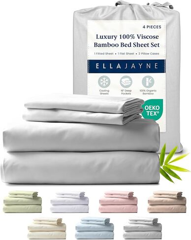 Ella Jayne Viscose Derived from Bamboo Sheets Set (4 Pieces) Queen Size, Ultra Soft & Luxuriously Cooling, Eco-Friendly Queen Sheet Set Deep Pockets 16 Inch (Silver) in Kuwait