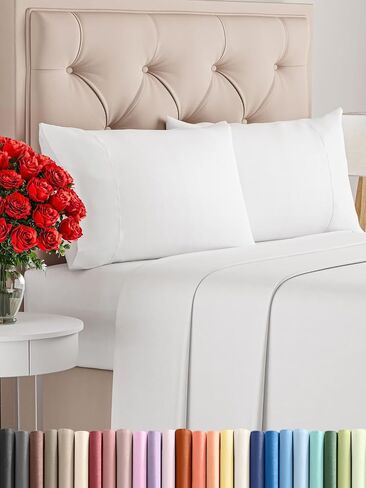 400 Thread Count Cotton Sheet Set - Queen Size 100% Cotton Sheets - Easily Fits 8" to 16" Mattress - Silky-Soft, Wrinkle Free, Breathable and Comfy - Deep Pockets & Hotel Quality Bedding Set - White in Kuwait