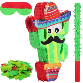 Deekin Mexican Piñata 16 × 10 × 3 بوصة صبار Piñata مع عصا وعصابة ديكورات Cinco de Mayo لعيد ميلاد الطفل Luau Mexican Fiesta Supplies