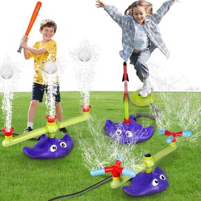Cwlakon 4-in-1 Sprinkler Baseball & Rocket Launcher للأطفال ، ألعاب المياه الصيفية في الهواء الطلق مع 3 Jets ، 2 360 درجة من الرشاشات الدوارة ، 3 صواريخ ، خارج الفناء الخلفي ، ألعاب Pool Party For Boys Girls