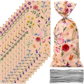 Outus 100 Pieces Party Cellophane Treat Bag Floral Candy Bags for Baby Shower Wedding Bridal Shower Supplies Favors Decorations Birthday Theme Floral Graduation Decor (Wild Flowers)