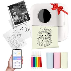 Mini Sticker Printer - Portable Wireless Thermal Printer with 3 Roll of Paper + 5 Colour Pencils,App Free, Easy to Use - for Diaries, Memos, Photos,Kids Gift(White)