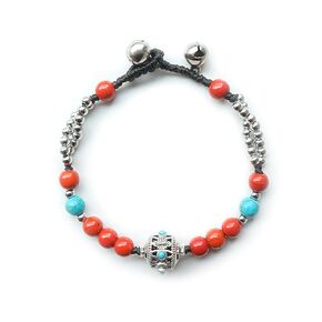 Tibetan Turquoise Stone Beaded Bracelet, Copper Buddha Bracelet for Karma and Luck, Vintage Boho Protection Healing Jewelry with Bell Closure