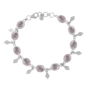 Natural Rose Quartz Cabochon Dainty Bezel Charm Bracelet For Women, Healing Chakra Crystal, Birthstone, Rhodium Plated 925 Sterling Silver Handmade Bracelet, Birthday Gifts for Her