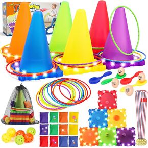 EOCOLZ 49PCS ألعاب الكرنفال في الهواء الطلق مجموعة كومبو للأطفال مع ضوء LED ، مخروطات البلاستيك عقبة الأكياس الفاصوليا كرات رن TOSS لعبة البيض والملعقة العشب ، هدية لحفلة عيد الميلاد/عيد الميلاد/عيد الفصح