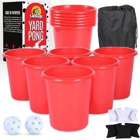 مجموعة Giant Yard Pong - لعبة Pong Yard العملاقة الداخلية والخارجية - 12 دلوًا كبيرًا ، كراتين wiffle (Airfree) ، 6 أكياس وحقيبة للحمل - ألعاب الفناء المحمولة للبالغين والأسرة - التخييم أو الشاطئ بونغ