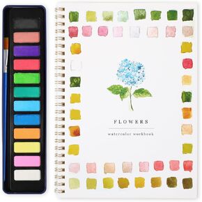 Watercolor Workbooks - Flowers, Beginner-Friendly Watercolor Workbooks, 12 Colors Water color Book Paint Set with Paint Brush