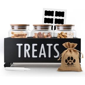 Dog Treat Container - Includes 3 Treat Jar, 1 Treat Bag, Wooden Pet Treat Container, Storage Basket For Pets, Dog Treat Station, with Reusable Sticker & Marker