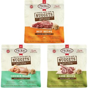 Primal Freeze Dried Dog Food Nuggets Classic Protein Bundle, Chicken, Beef & Lamb - Complete Balanced Meal, Topper or Treat, Premium, Healthy, Grain Free, High Protein Raw Dog Food, 14 oz Each