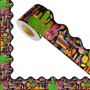 69 قدمًا لوحة نشرة Cinco de Mayo ، لوحة نشرة مكسيكية ، تقليم مع تصميم خط متموج ، يستخدم لديكور الحدود الحرف DIY لجميع القديسين في المدرسة المكسيكية الجدار السوداء