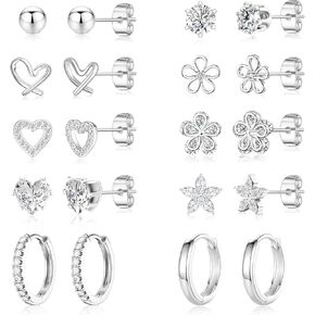 Small Gold Stud Earrings Set for Women - 14K Gold Plated CZ Huggie Hoops Hypoallergenic earrings Dainty flower Heart Stud Earrings for Jewelry Gift