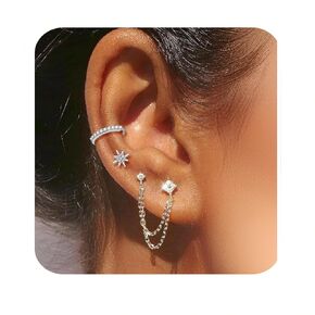 Gold Stud Earrings for Women Hypoallergenic Flat Back 14K Gold Cartilage Chain Earrings Stacks Sets for Multiple Piercing Surgical Steel CZ Huggie Hoop Earrings for Women