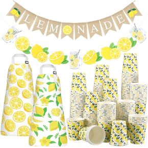 104 PCS Lemonade Stand Party Supplies 100 Lemon Party 9oz Paper Cups 2 Burlap Paper Lemonade Banner 2 Kids Ampron مع حزام قابل للتعديل للجيوب للليمون الصيفي Stand Stark Decor